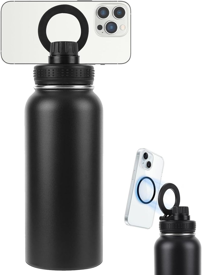 كيلا زجاجة ماء معزولة ومفرغة من الهواء، سعة 960 مل، مصنوعة من الفولاذ المقاوم للصدأ بجدار مزدوج وفوهة واسعة، مع حامل مغناطيسي للهاتف، للاستخدام المزدوج للماء الساخن والبارد، زجاجة ماء رياضية كبيرة السعة، بغطاء ماص، سعة 32 أونصة. - Image 1