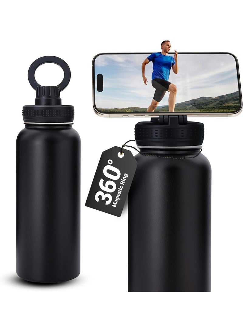 كيلا زجاجة ماء معزولة ومفرغة من الهواء، سعة 960 مل، مصنوعة من الفولاذ المقاوم للصدأ بجدار مزدوج وفوهة واسعة، مع حامل مغناطيسي للهاتف، للاستخدام المزدوج للماء الساخن والبارد، زجاجة ماء رياضية كبيرة السعة، بغطاء ماص، سعة 32 أونصة. - Image 2