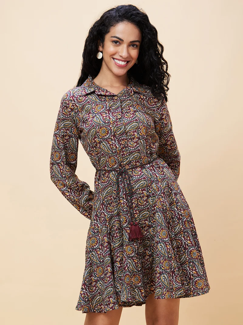 جلو باص Women Ethnic Motifs Printed Pure Cotton Shirt Dress