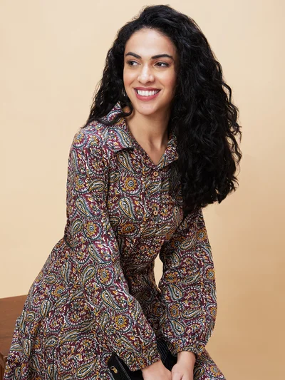 globus Women Ethnic Motifs Printed Pure Cotton Shirt Dress
