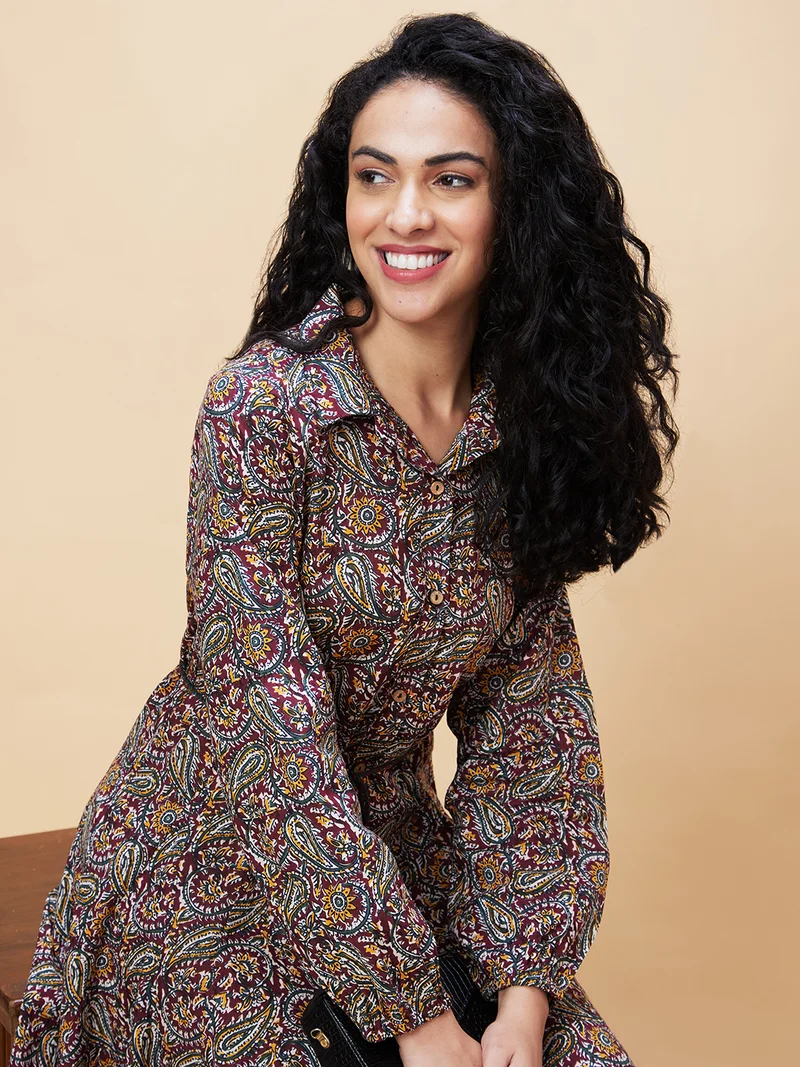 جلو باص Women Ethnic Motifs Printed Pure Cotton Shirt Dress