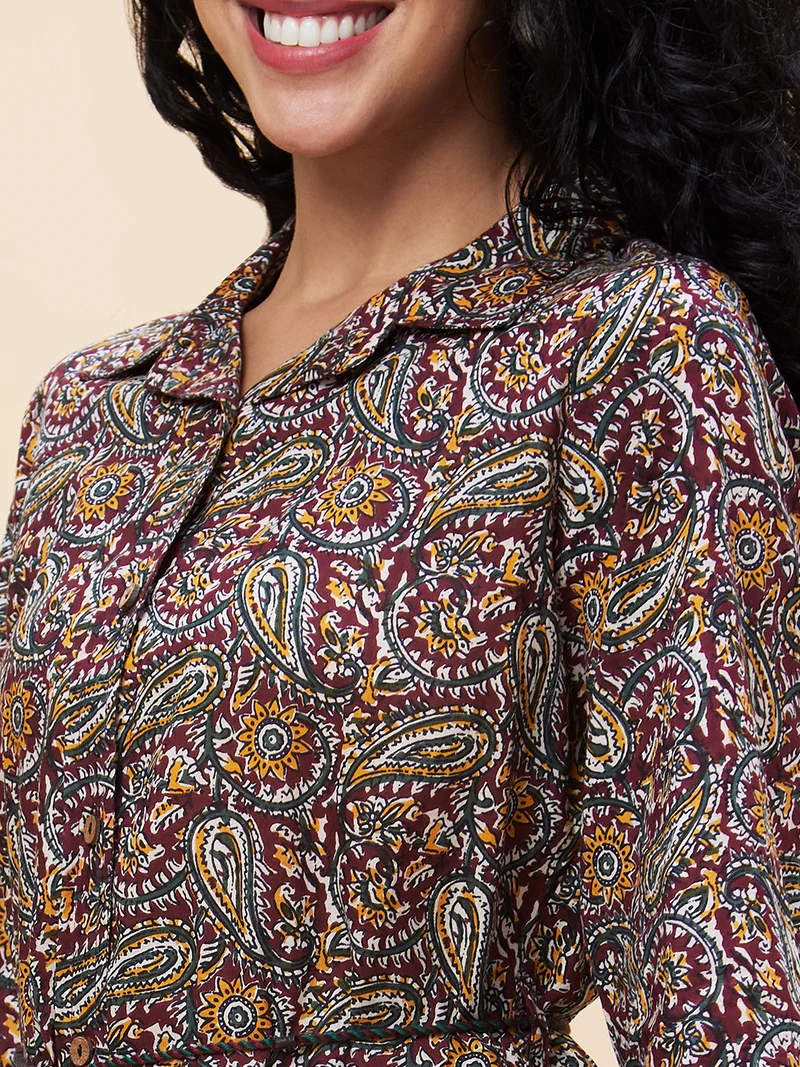 globus Women Ethnic Motifs Printed Pure Cotton Shirt Dress