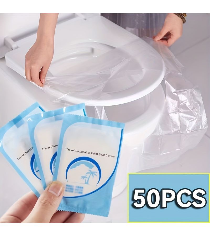 50 قطعة من أغطية مقاعد المرحاض القابلة للاستخدام الواحد، مصنوعة من PVC المقاوم للماء، أغطية مرحاض محمولة للسفر، أغطية صحية محمولة للطائرات والتخييم، مستلزمات الحمام، ضرورية للمراحيض العامة، تغليف فردي مستقل. - Image 1