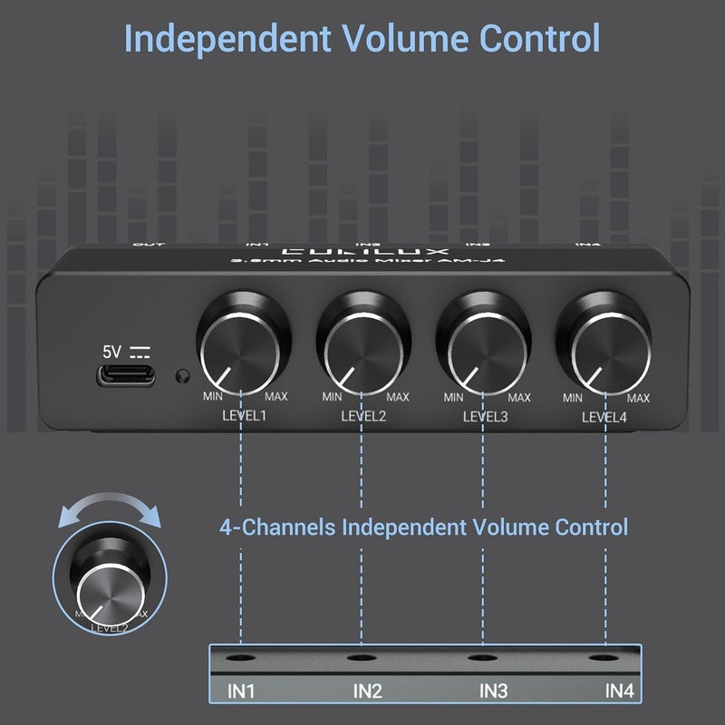 Cubilux P26 4-Way 3.5mm Audio Mixer with USB Power and Independent Volume Control - Image 4