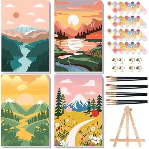 xackcme 4 Pack Paint by Numbers for Adults with Framed Canvas - with Wooden Easel, Landscape Paint by Number for Beginners, Easy Acrylic Oil Painting Kits with Brushes for Home Wall Decor (8x12 inch) - Image 1