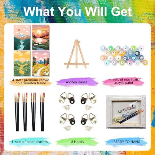 xackcme 4 Pack Paint by Numbers for Adults with Framed Canvas - with Wooden Easel, Landscape Paint by Number for Beginners, Easy Acrylic Oil Painting Kits with Brushes for Home Wall Decor (8x12 inch) - Image 4