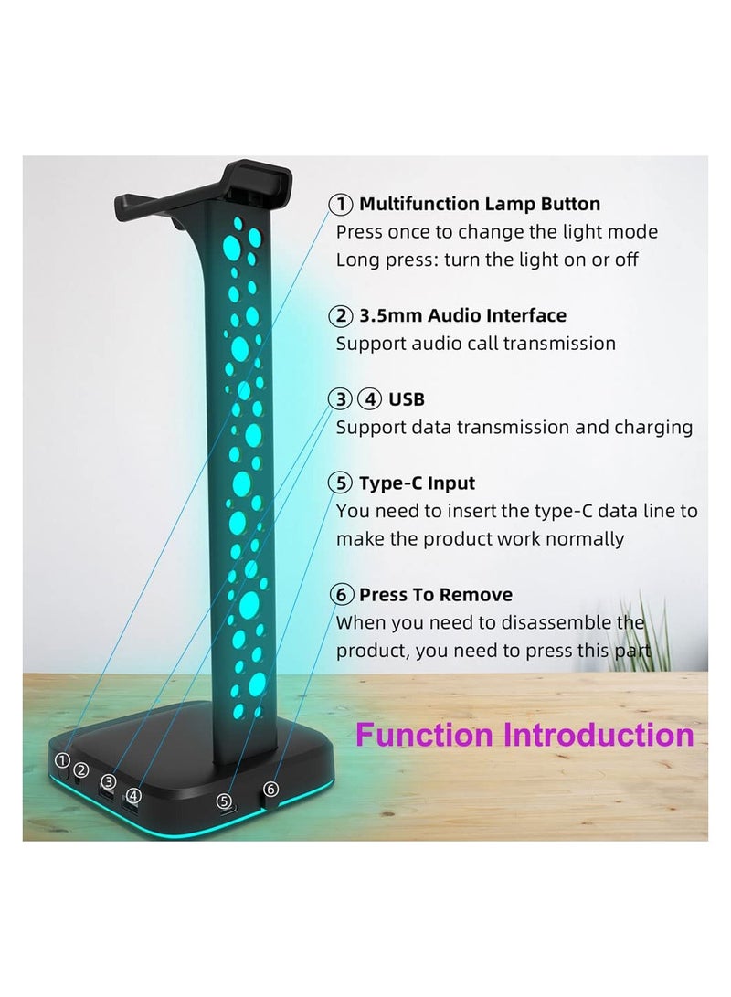 SYOSI RGB Headphone Stand with 9 Light Modes, Upgraded 5 in 1 Headphone Holder with Type-c Input/3.5mm AUX/USB Output Ports, Gaming Headset Stand with Non-Slip for Earphones Accessories Gamer Gifts  - Image 2