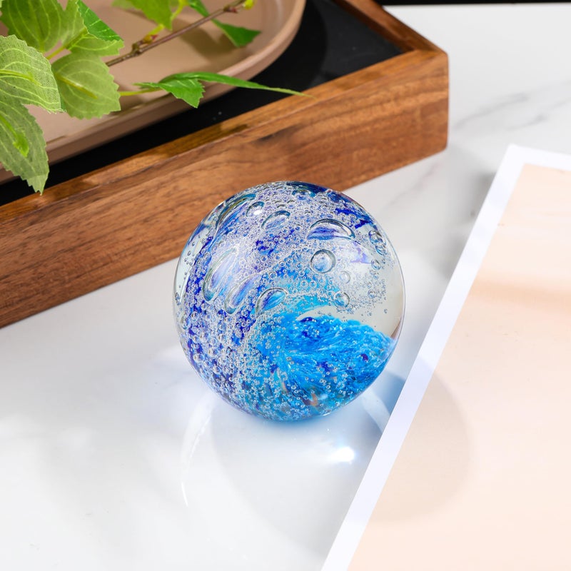 Qianwei Hand Blown Ocean Waves Crystal Ball - Glass Collectible Figurines Spere - Paperweight Glass Ball Aquarium DecorOffice Decor Ocean Lovers - Image 4