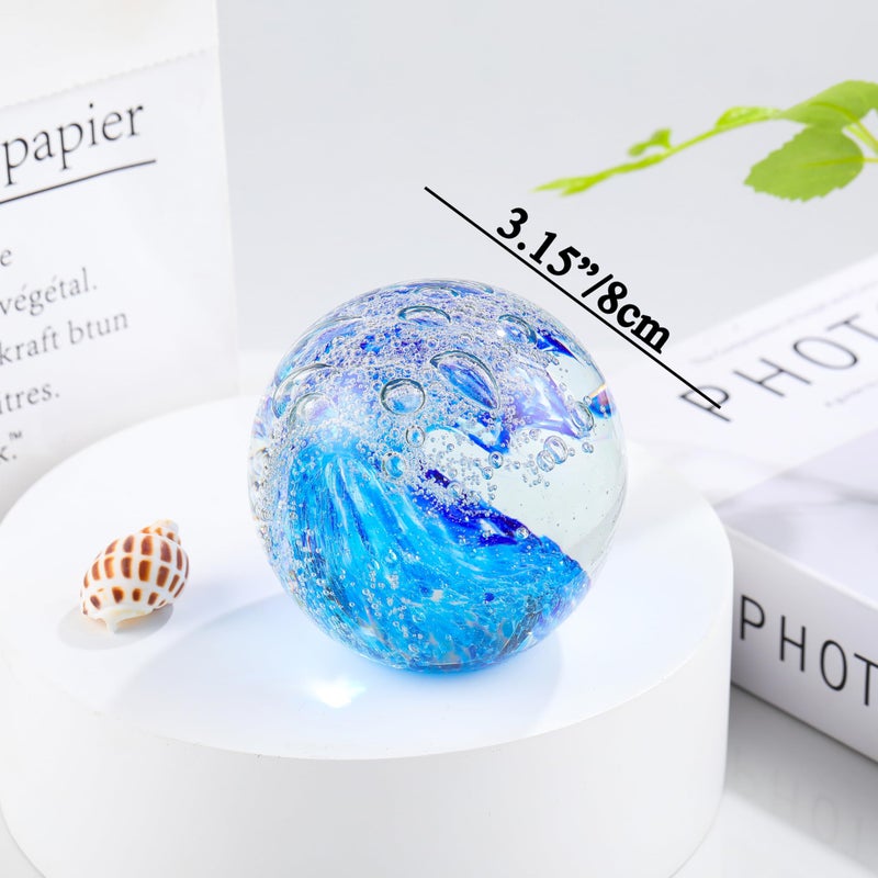 Qianwei Hand Blown Ocean Waves Crystal Ball - Glass Collectible Figurines Spere - Paperweight Glass Ball Aquarium DecorOffice Decor Ocean Lovers - Image 3