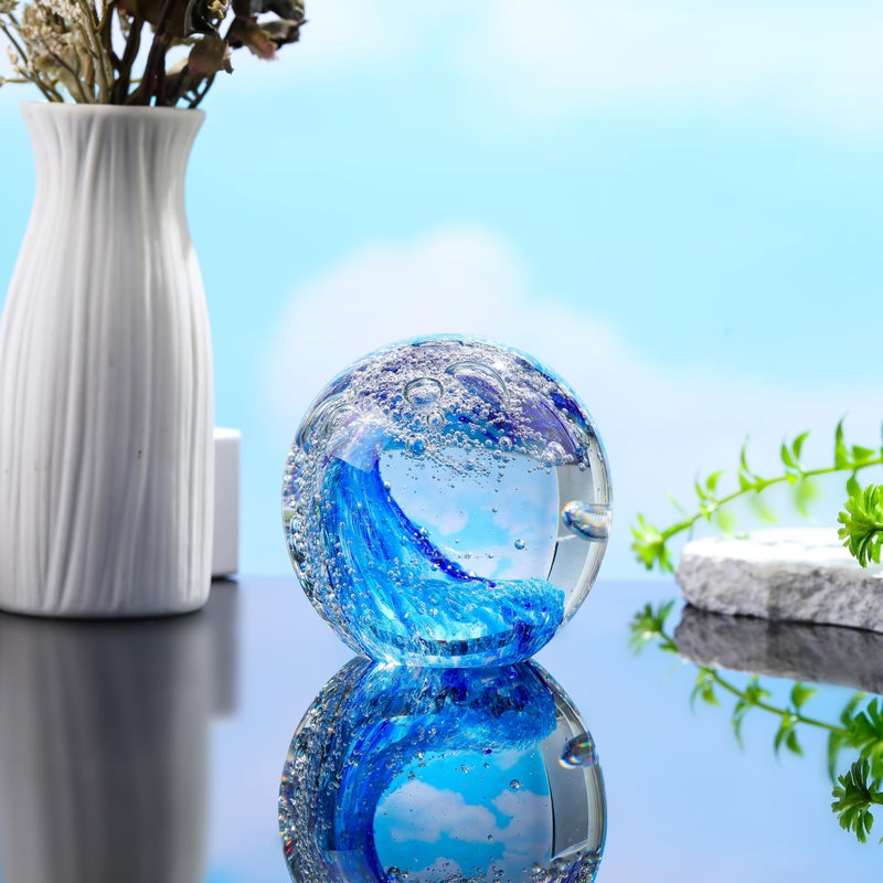 Qianwei Hand Blown Ocean Waves Crystal Ball - Glass Collectible Figurines Spere - Paperweight Glass Ball Aquarium DecorOffice Decor Ocean Lovers - Image 2
