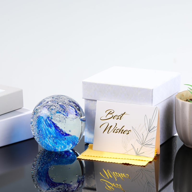 Qianwei Hand Blown Ocean Waves Crystal Ball - Glass Collectible Figurines Spere - Paperweight Glass Ball Aquarium DecorOffice Decor Ocean Lovers - Image 5