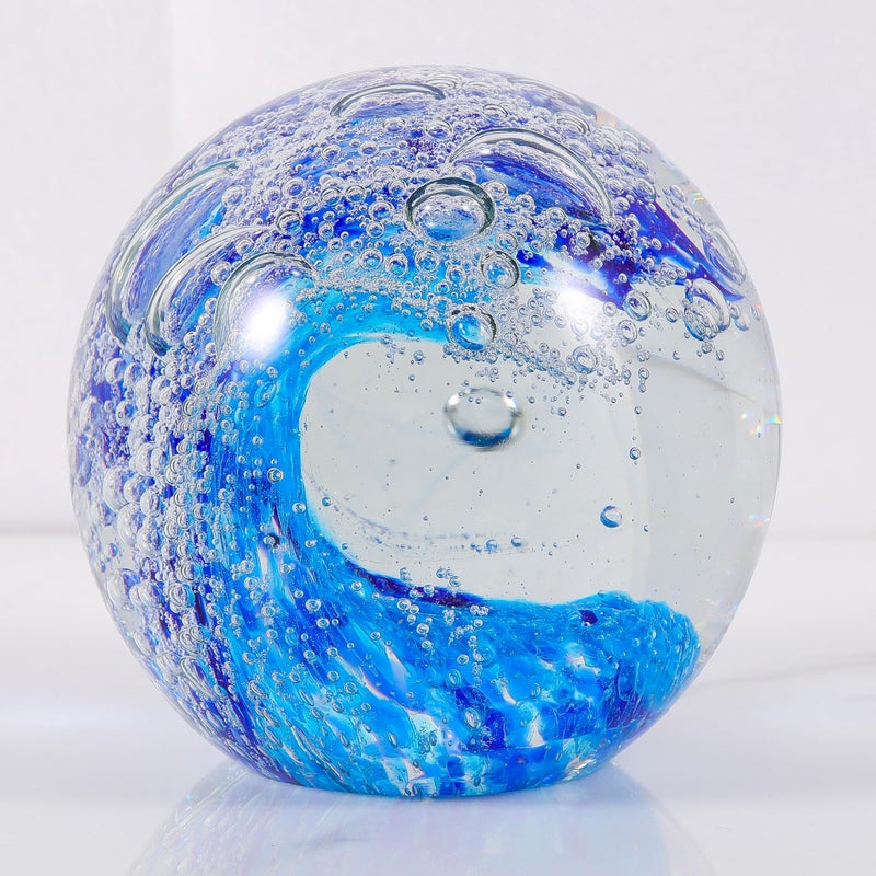 Qianwei Hand Blown Ocean Waves Crystal Ball - Glass Collectible Figurines Spere - Paperweight Glass Ball Aquarium DecorOffice Decor Ocean Lovers - Image 1