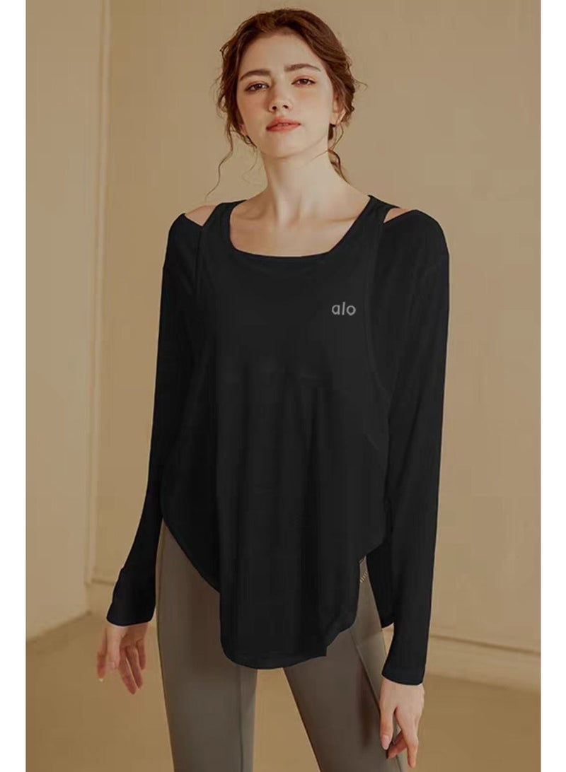 Alo Yoga off shoulder long sleeved top - made of soft and breathable fabric, asymmetrical hem, brand logo details, versatile sportswear for loose casual yoga and daily relaxation - Image 1