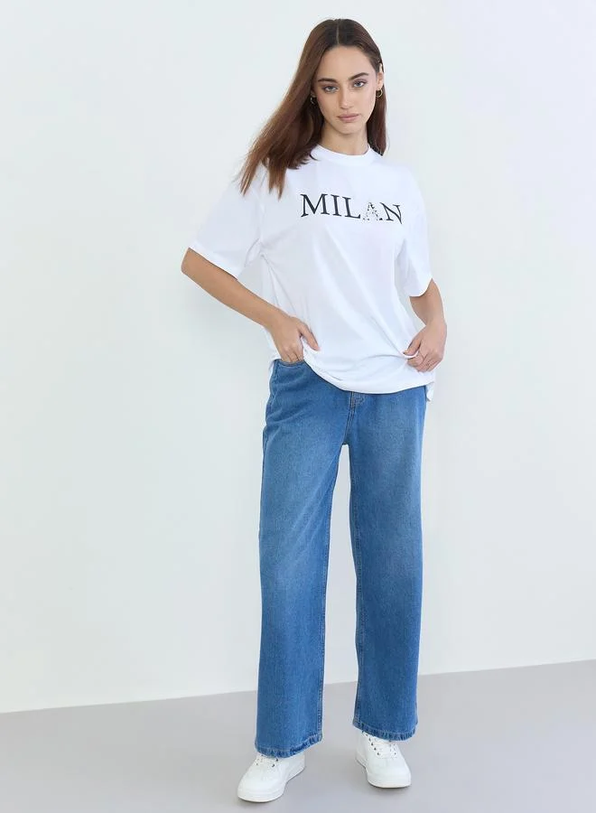 Styli White Oversized Slogan Print T-Shirt