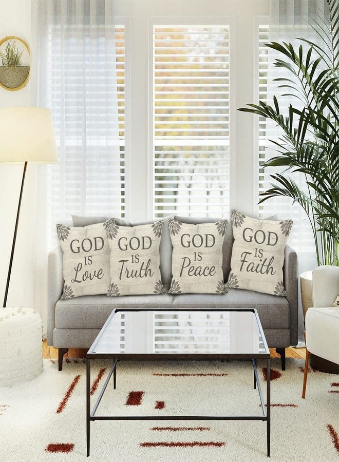 Liosei Farmhouse Christian Quotes God is Love Truth Peace Faith Rustic Wood Board Linen Throw Pillow Covers 18 x 18 Inch Set of 4, Christian Gifts for Home Room Bed Sofa Decorations Decor - Image 2