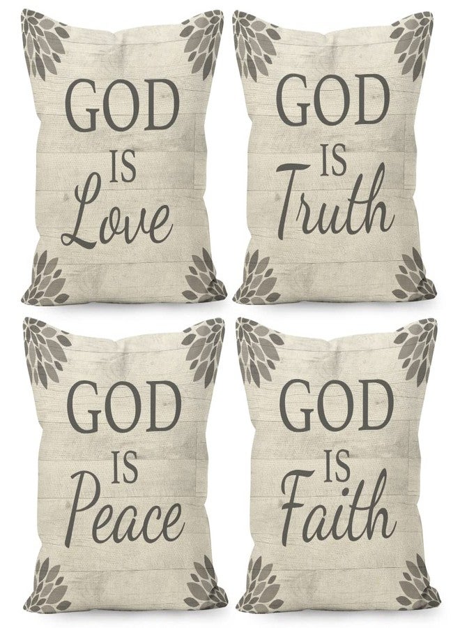 Liosei Farmhouse Christian Quotes God is Love Truth Peace Faith Rustic Wood Board Linen Throw Pillow Covers 18 x 18 Inch Set of 4, Christian Gifts for Home Room Bed Sofa Decorations Decor - Image 1