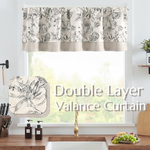 jinchan Linen Floral Valance for Windows Blackout Double Layer Valance Curtain 18 Inch Length for Living Room Bathroom Overlay Botanic Farmhouse Room Darkening 1 Panel Black on Beige - Image 3