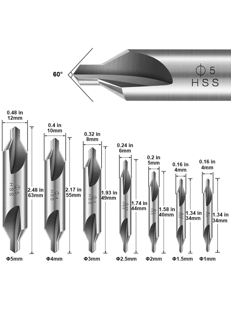 SOLARAE 7 Pcs Center Drill Bits, High Speed Steel Center Drill Bit 60 Degree Angle Countersink Bit, 1mm 1.5mm 2mm 2.5mm 3mm 4mm 5mm Countersink Lathe Mill Tool Kit for Lathe Center Hole Metalworking - Image 2