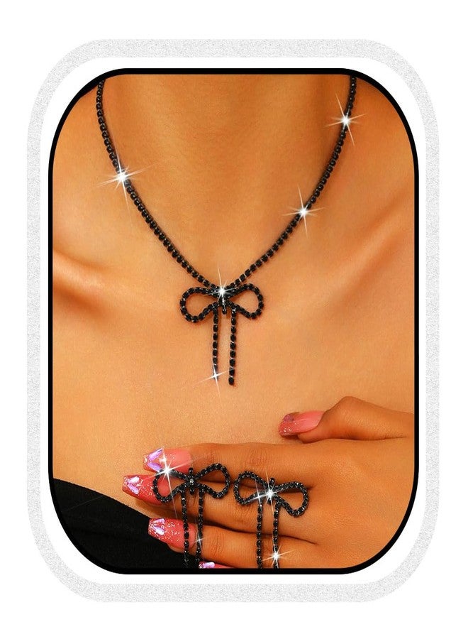 Unicra Silver Jewelry Sets Rhinestone Bow Necklace Earrings Set Prom Fashion Costume Jewelry Sets for Women (Black) - Image 1