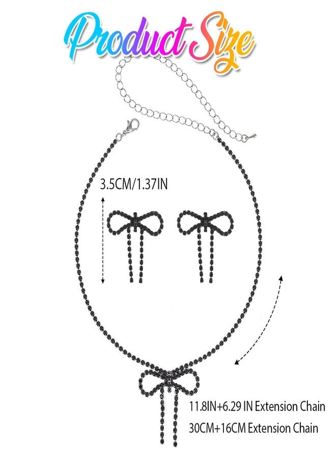 Unicra Silver Jewelry Sets Rhinestone Bow Necklace Earrings Set Prom Fashion Costume Jewelry Sets for Women (Black) - Image 5