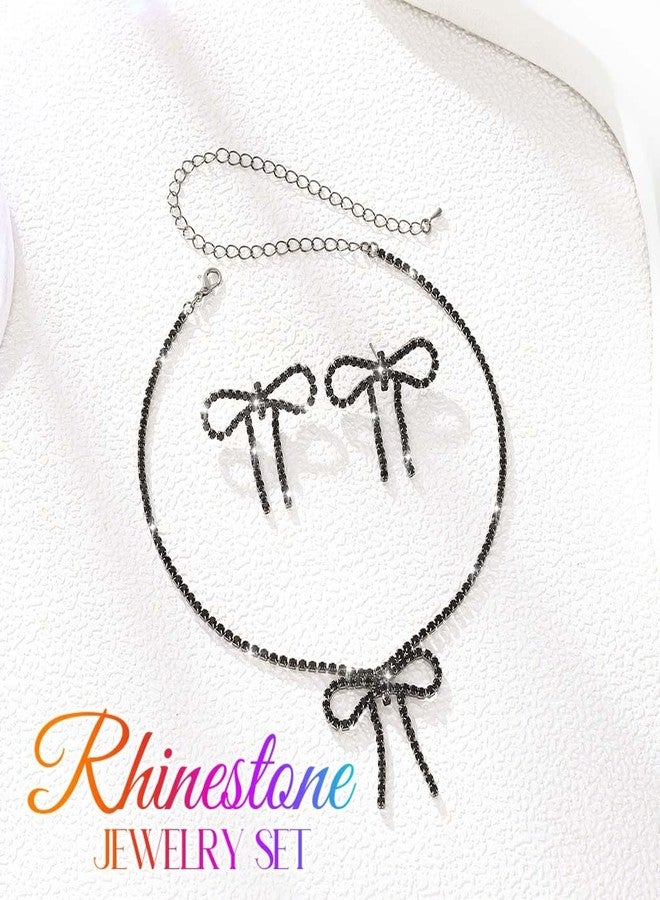 Unicra Silver Jewelry Sets Rhinestone Bow Necklace Earrings Set Prom Fashion Costume Jewelry Sets for Women (Black) - Image 2