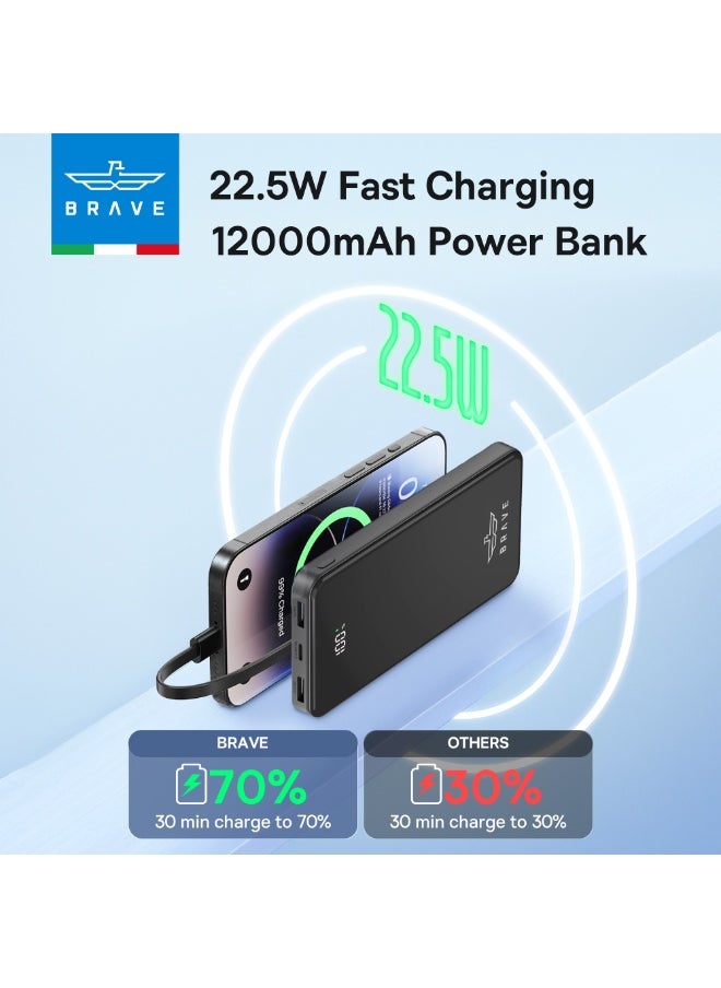 Brave - 12000mAh Portable Power Bank, 22.5W Fast Charging, Compact Power Bank with Built-in USB-C and Lightning Cables, External Battery with LED Digital Display, Compact and Lightweight Design, Compatible with iPhone, Android, Samsung, iPad, Google Pixel, LG, and Supports Multiple Devices Simultaneously Charging - Image 1
