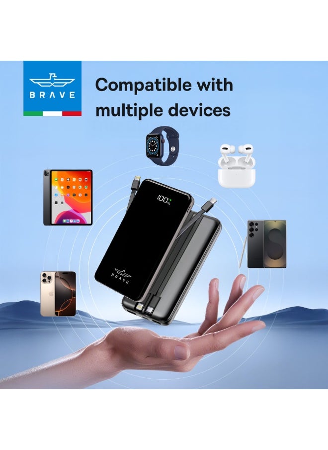 Brave - 12000mAh Portable Power Bank, 22.5W Fast Charging, Compact Power Bank with Built-in USB-C and Lightning Cables, External Battery with LED Digital Display, Compact and Lightweight Design, Compatible with iPhone, Android, Samsung, iPad, Google Pixel, LG, and Supports Multiple Devices Simultaneously Charging - Image 1