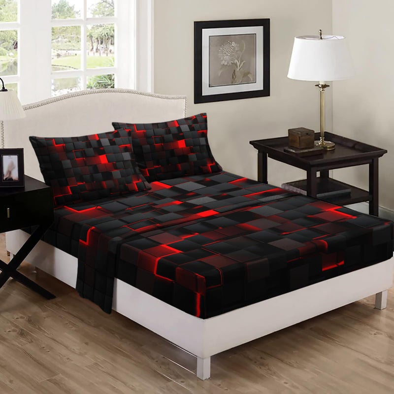 Nttopship Geometry 4 Pieces Bed Sheet Sets Queen Size,Red Black Bed Fitted Sheet Soft Bedding Sets with 16" Deep Pockets for Kids and Adults Bedroom Decor,Bedding Set 4 PCS(1 Fitted+1 Flat+2 Pillowcases) - Image 4