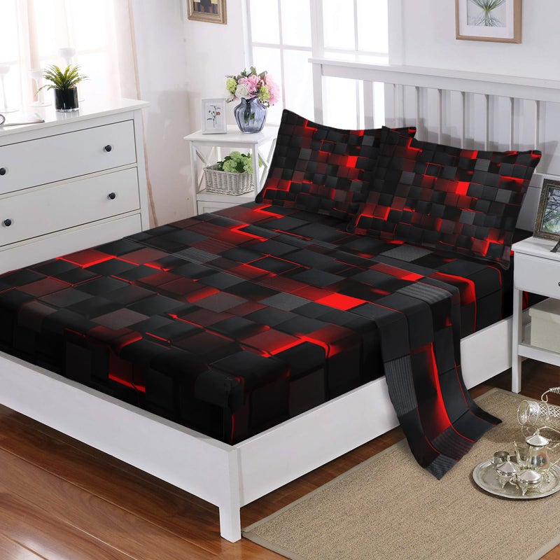 Nttopship Geometry 4 Pieces Bed Sheet Sets Queen Size,Red Black Bed Fitted Sheet Soft Bedding Sets with 16" Deep Pockets for Kids and Adults Bedroom Decor,Bedding Set 4 PCS(1 Fitted+1 Flat+2 Pillowcases) - Image 3