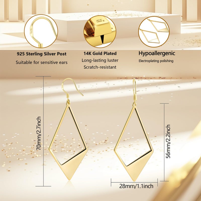 ALEXCRAFT Gold Dangle Earrings for Women Trendy Lightweight Statement Rhombus Drop Earrings Gold Plated Hypoallergenic Geometric Leverback Hook Earing - Image 3