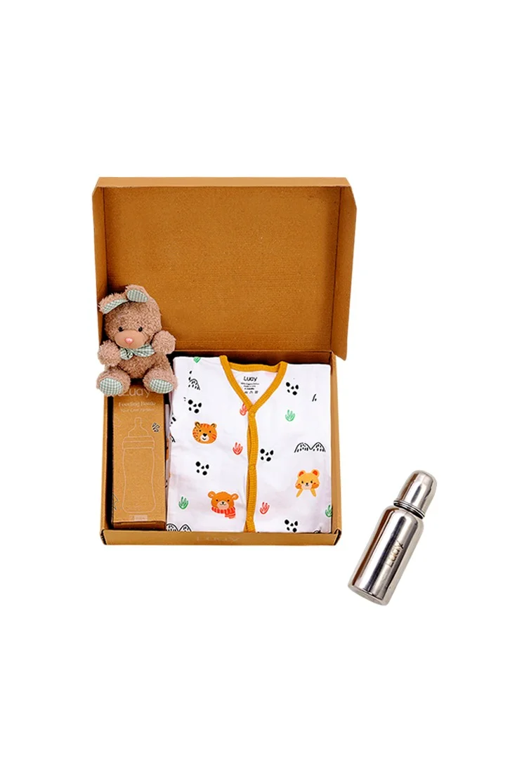 لؤي Premium Gift Box Set with The Baby Romper, Baby Feeding Bottle and Teddy Bear Best Hamper for Babies