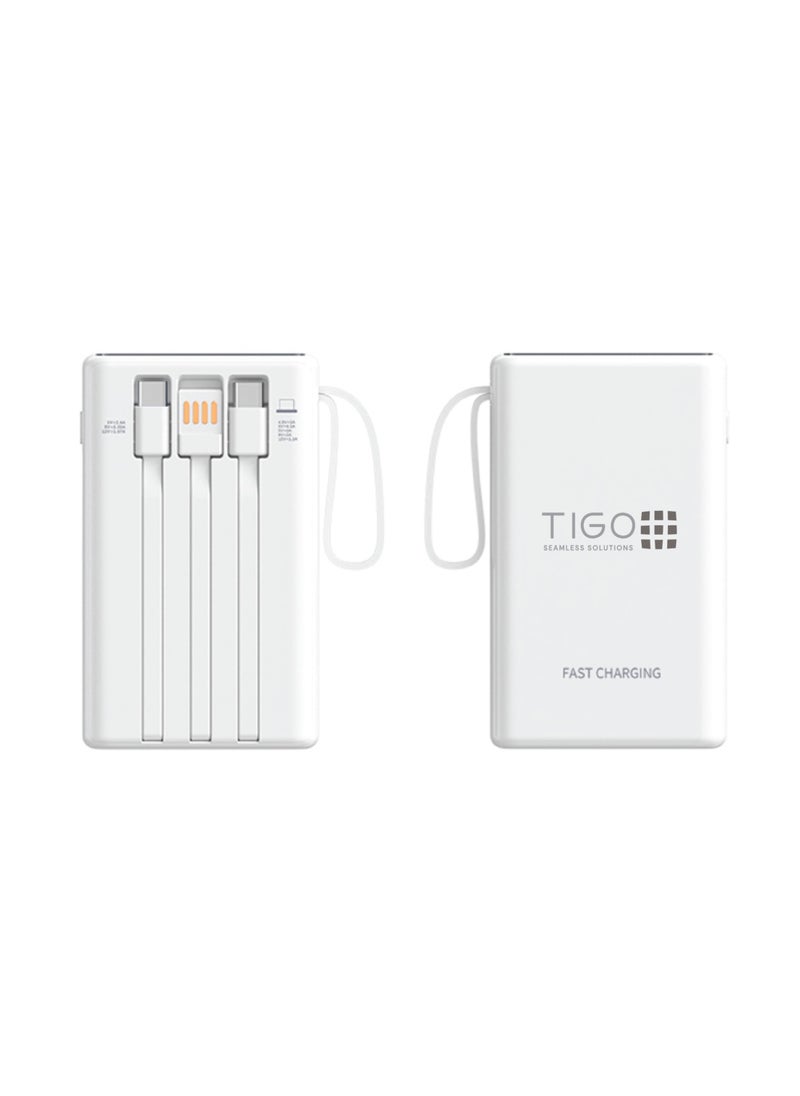 T I G O - 10000mAh Super Fast Charging Portable 22.5W Power Bank with 3 built-in Charging Cables, USB C battery pack, LED display Compatible with iPhone 16 15 14 Samsung Galaxy Google Pixel Android Tablet White - Image 1