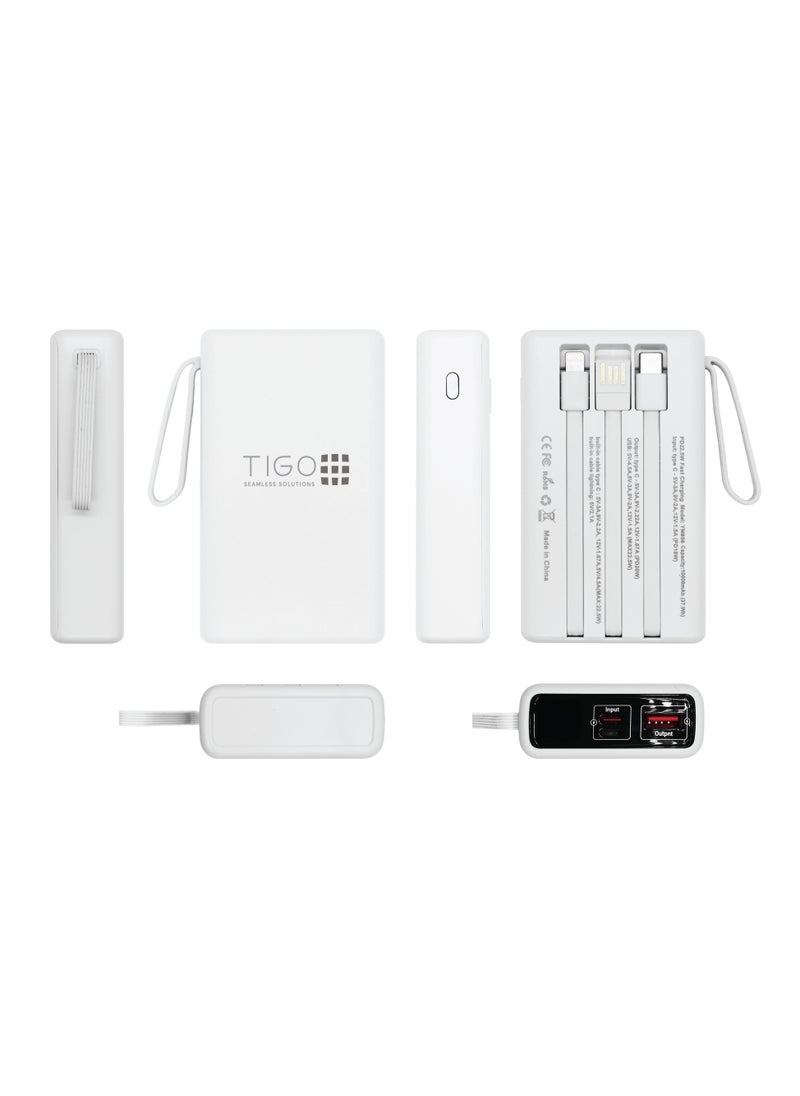 T I G O - 10000mAh Super Fast Charging Portable 22.5W Power Bank with 3 built-in Charging Cables, USB C battery pack, LED display Compatible with iPhone 16 15 14 Samsung Galaxy Google Pixel Android Tablet White - Image 1