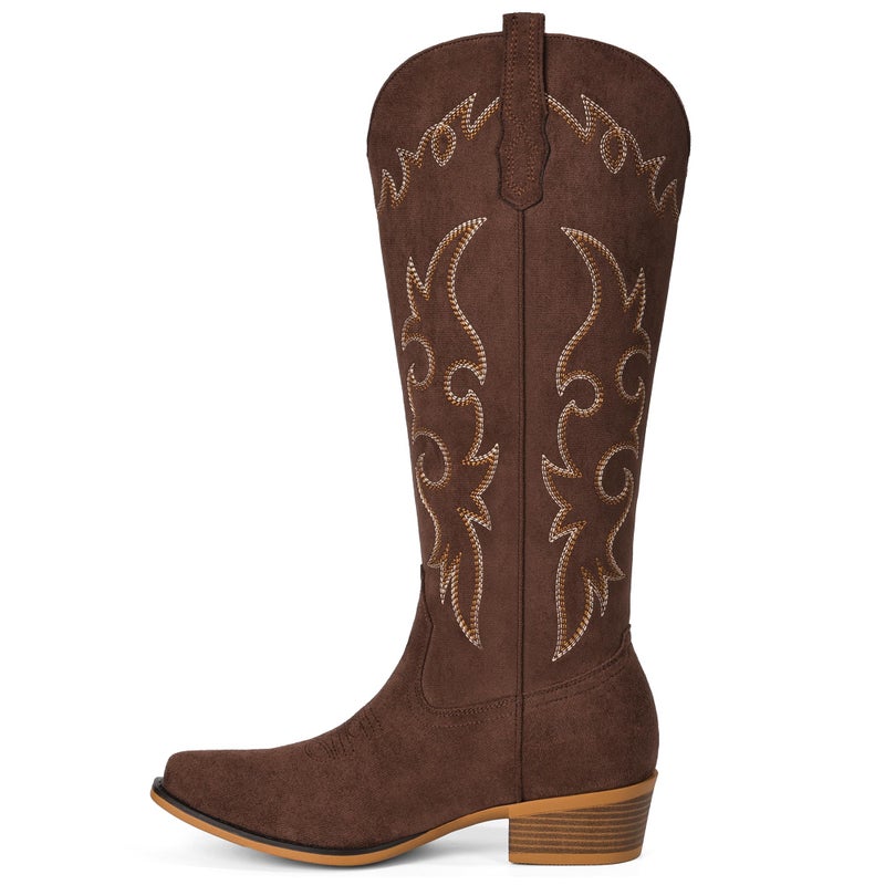 Fioralie Suede Cowboy Boots for Women Knee High Western Cowgirl Boots Pointed Toe Low Heel Classic Embroidered Boot - Image 5