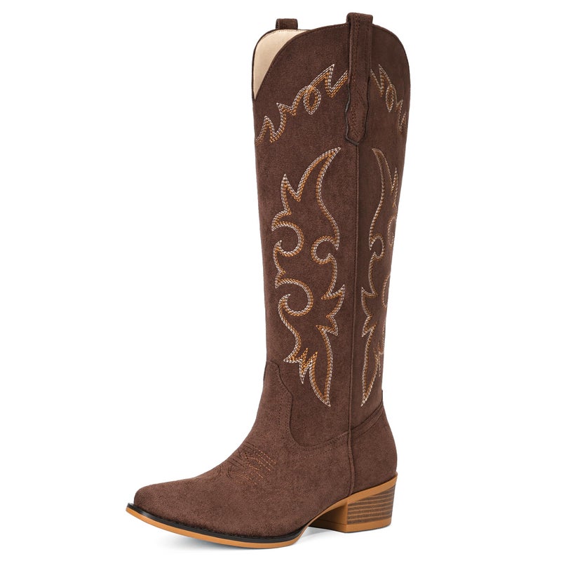 Fioralie Suede Cowboy Boots for Women Knee High Western Cowgirl Boots Pointed Toe Low Heel Classic Embroidered Boot - Image 1