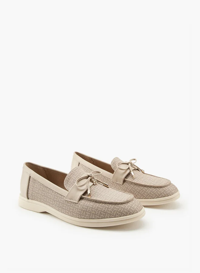 Flora Bella By Shoexpress Monogram Print Slip-On Loafers with Bow Accent