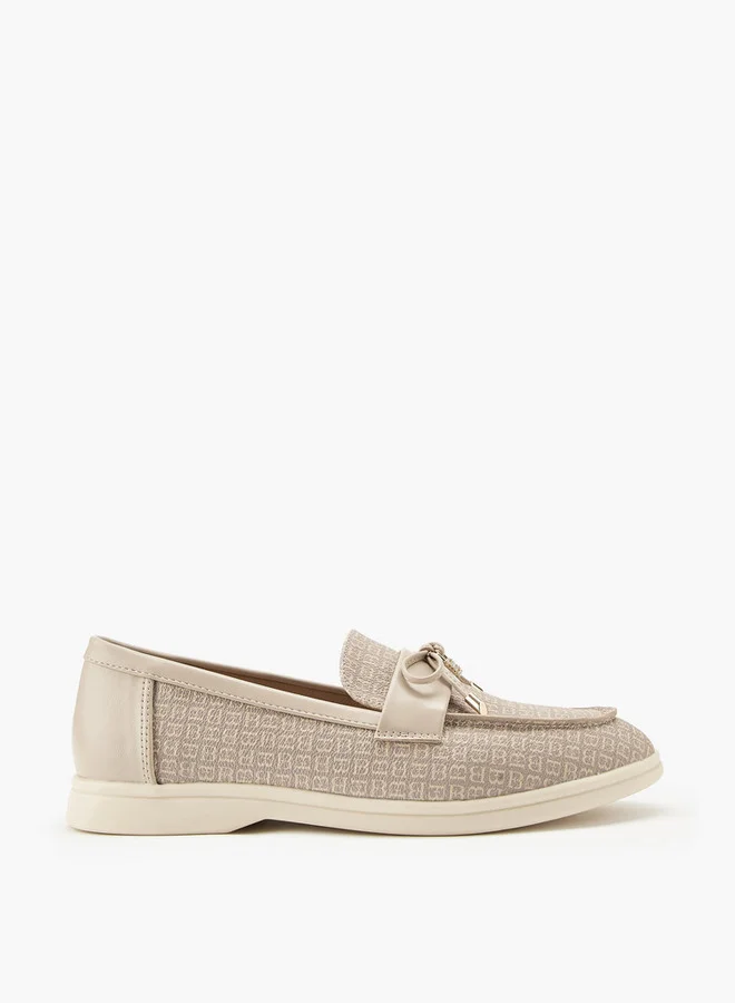 Flora Bella By Shoexpress Monogram Print Slip-On Loafers with Bow Accent