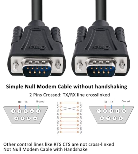 DTech 5ft DB9 to DB9 RS232 Serial Cable Male to Male Simple Null Modem Cord Cross TX RX line 2 Pin Crossed Without Handshake for Computer Data Communication (5 Feet, Black) - Image 2