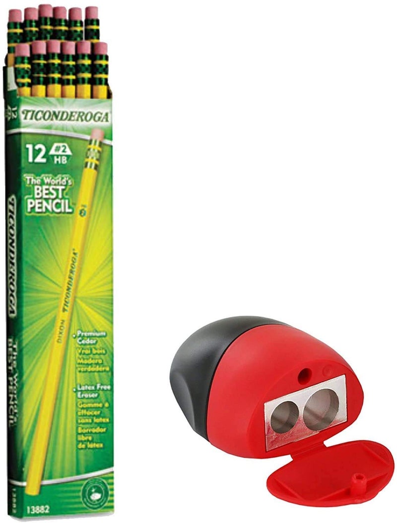 Top Quality Value Packs Dixon Wood-Cased Pencils, 2 HB, Yellow, Box of 12, Including Free Bonus Double Hole Pencils Sharpener (Red N Black Edition) - Image 1