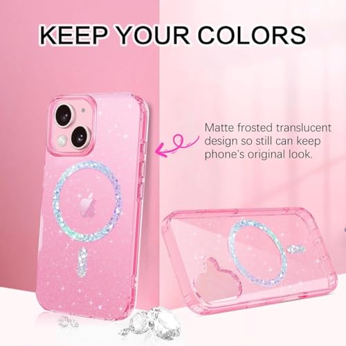 mobistyle Magnetic for iPhone 13 Case, Clear Crystal Glitter 13 Phone Case Compatible with MagSafe, Shockproof Sparkly Cute Women Girl Cover for iPhone 13, Hot Pink Glitter - Image 2