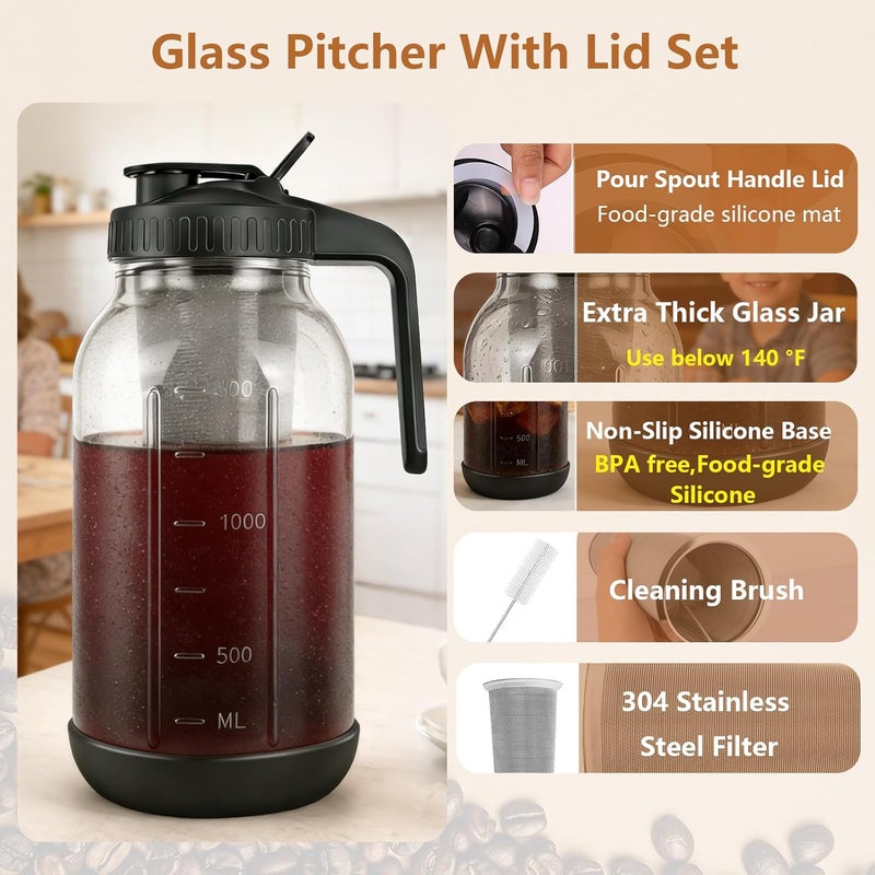 QHH Cold Brew Coffee Maker,Mason Jar Pitcher with Stainless Steel Filter, Pour Spout Handle Lid, Heavy Duty Glass Airtight & Leak-Proof for Iced Coffee Tea (64oz Black with Non-Slip Silicone Base) - Image 3