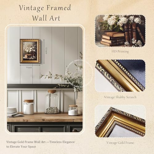uniro Vintage Gold Framed Wall Art Moody Books and Flowers Canvas Art Prints Painting Antique Dark Academia Decor Rustic Floral Wall Decor Frame Art for Bedroom Gallary Living Room Office Cottagecore decor 9x12Inch - Image 3