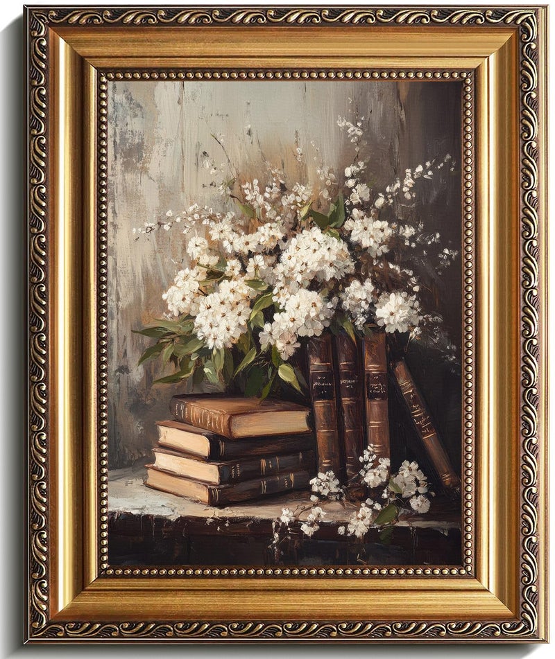 uniro Vintage Gold Framed Wall Art Moody Books and Flowers Canvas Art Prints Painting Antique Dark Academia Decor Rustic Floral Wall Decor Frame Art for Bedroom Gallary Living Room Office Cottagecore decor 9x12Inch - Image 2