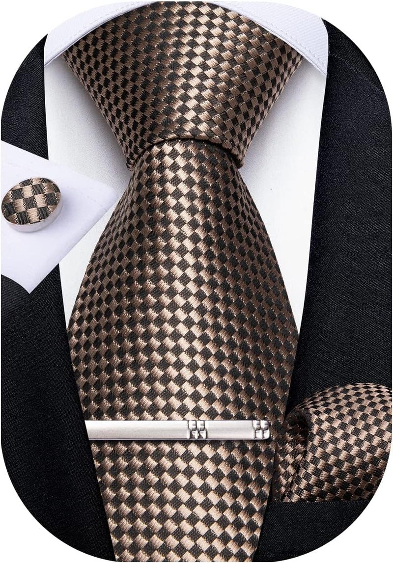 DiBanGu Plaid Ties for Men Silk Checkered Necktie and Pocket Square Cufflinks Tie Clip Set with Gift Box for Wedding Business - Image 1