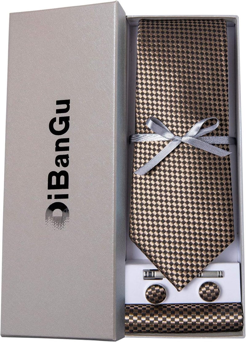 DiBanGu Plaid Ties for Men Silk Checkered Necktie and Pocket Square Cufflinks Tie Clip Set with Gift Box for Wedding Business - Image 3