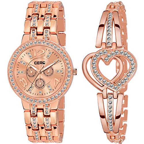CERO Analogue Rose Gold Metal Watch & Bracelet Combo for Women & Girls (Rose Gold, Pack of 2) (Rose Gold Heart) - Image 1