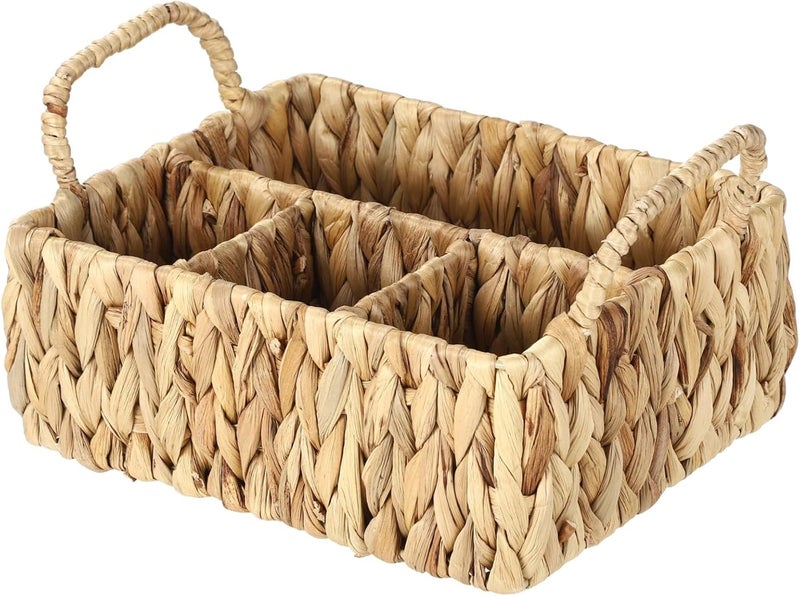 Natural Woven Silverware Organizer, Water Hyacinth Utensil Caddy, 4-Compartment Flatware Storage Basket with Dual Handles, Farmhouse Divided Cutlery Holder, 10.4 in - Image 4