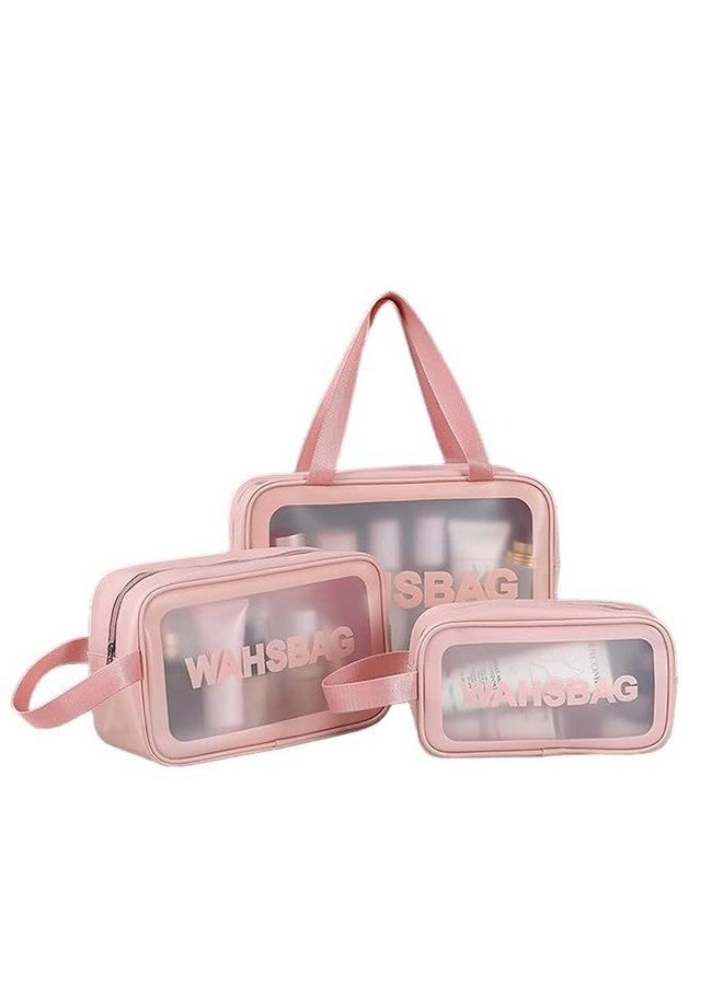 RGKJAS Set of 3 Pink Waterproof Travel Toiletry Bags - Clear Cosmetic Makeup Organizer Pouch with Handle for Women & Men - Large Capacity Portable Wash Bag for Brush, Accessories & Grooming Kit(3 PCS) - Image 1