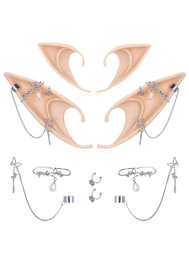FRESHME Elf Ears With Earrings Set, 2 Pairs Of Fairy Ears With No Pierced Butterfly Ear Cuffs Vintage Sliver Ear Clips For Women S Renaissance Costume Cosplay Halloween Anime Party Accessories - Image 1