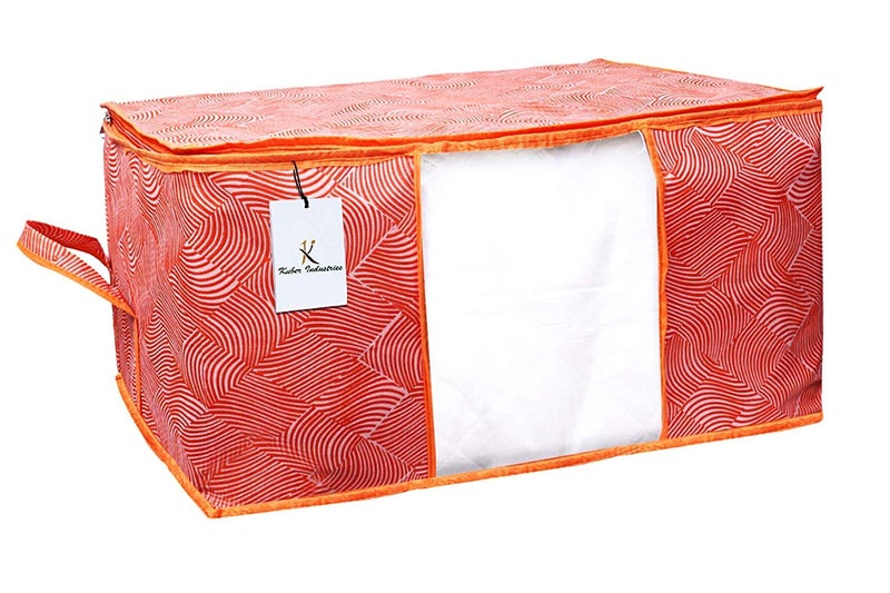 Kuber Industries Kuber Industries Leheriya Printed 12 Piece Non Woven Fabric Underbed Storage BagCloth OrganiserBlanket Cover with Transparent Window Orange Blue CTKTC41266  - Image 5